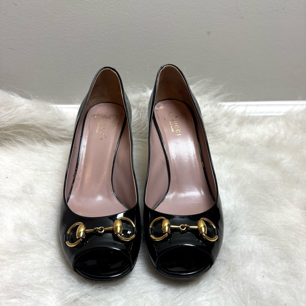 Gucci Horsebit Patent Leather Guccissima Peep Toe Pump Heels - Picture 9 of 10